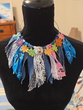 Boho Blue Floral Fringe Necklace with Multicolor Accents